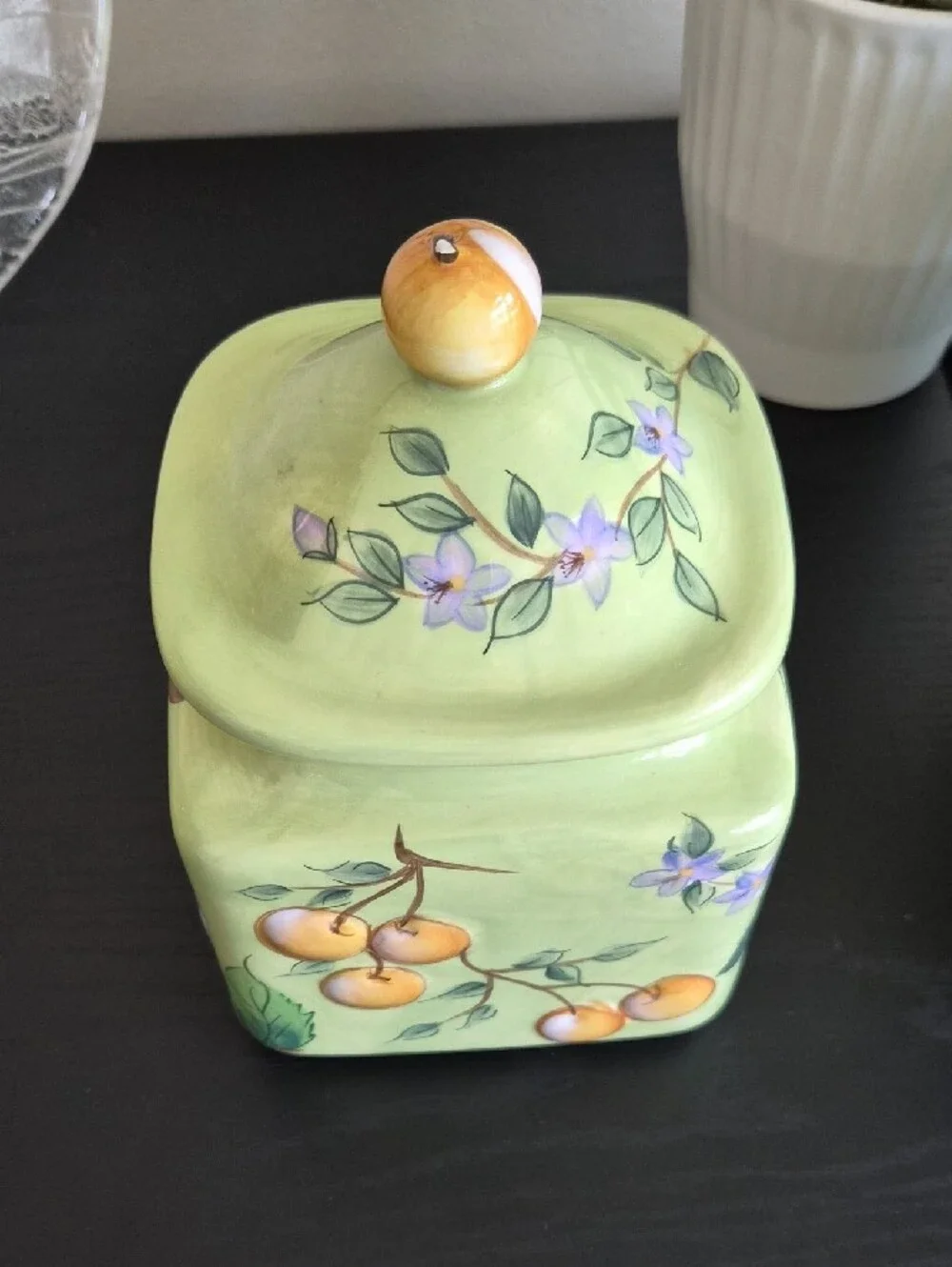 Vintage Hand-Painted Green Fruit Ceramic Canister Set Of 3